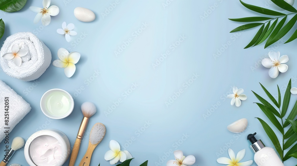 Natural cosmetics, ingredients and bathroom or spa accessories arranged on a blue banner background..