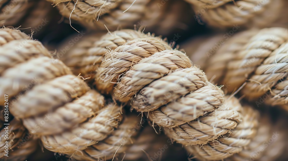 The close-up image showcases natural cotton rope, providing a detailed view of its thick strands, threads, and fibers The close-up image showcases natural cotton rope, providing a detailed view of its thick strands, threads, and fibers