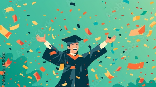 An illustration of a graduate character celebrating with confetti in a minimalist 2D flat style, highlighting the excitement and joy of graduation day. photo