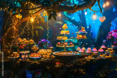 A whimsical and enchanting forest-themed dessert table, adorned with an array of delectable treats, nestled amidst a lush canopy of twinkling lights and vibrant foliage.