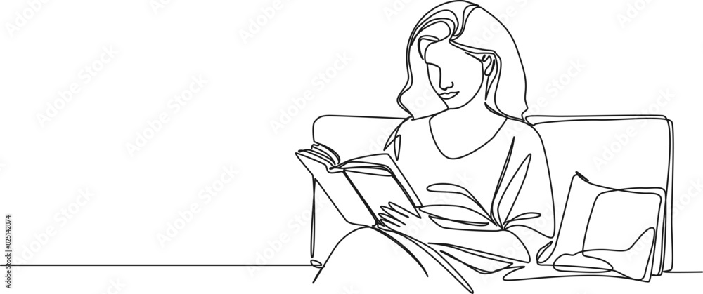 continuous single line drawing of woman reading a novel, line art vector illustration