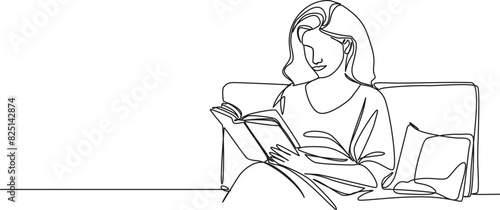 continuous single line drawing of woman reading a novel, line art vector illustration
