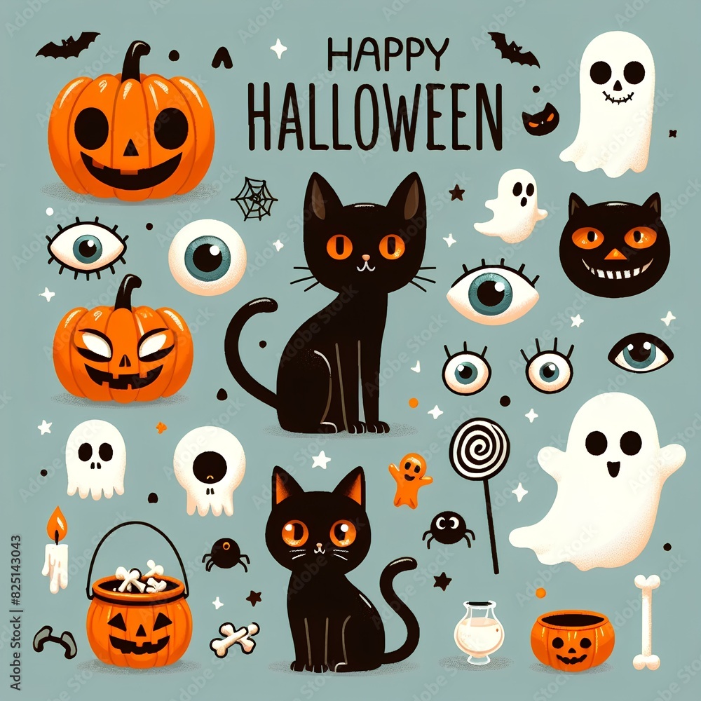 Happy Halloween. cute illustrations of objects, pumpkin head, black cat, funny skeleton, ghosts, eyes for postcard creation