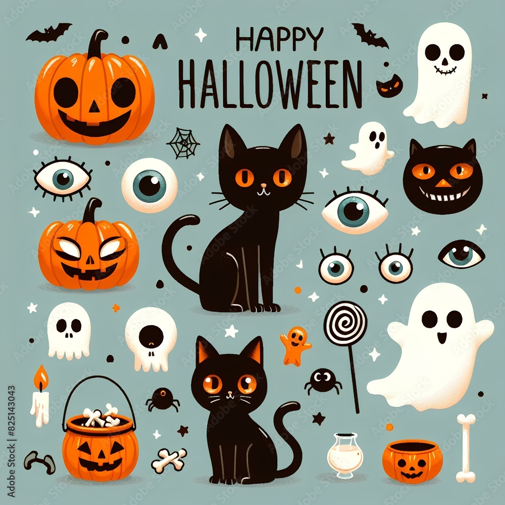 Happy Halloween. cute illustrations of objects, pumpkin head, black cat, funny skeleton, ghosts, eyes for postcard creation Happy Halloween. cute illustrations of objects, pumpkin head, black cat, funny skeleton, ghosts, eyes for postcard creation