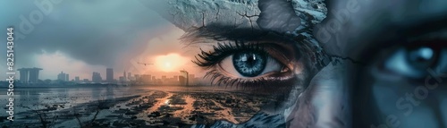A cracked and broken human face with one eye staring out at a ruined cityscape. photo