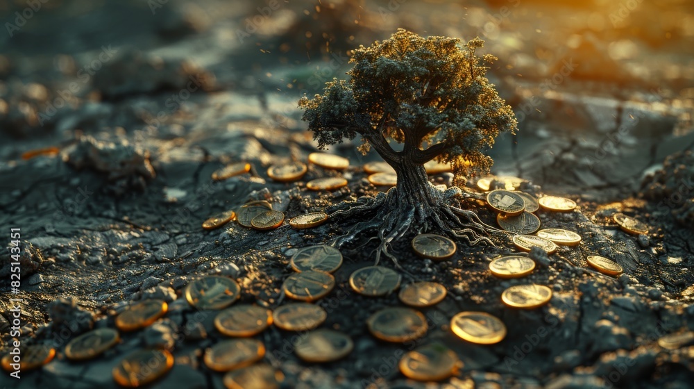 Fototapeta premium A withered tree standing on cracked, dry soil with old coins around, symbolizing economic decline, highresolution, detailed and dramatic, professional stock photo quality.