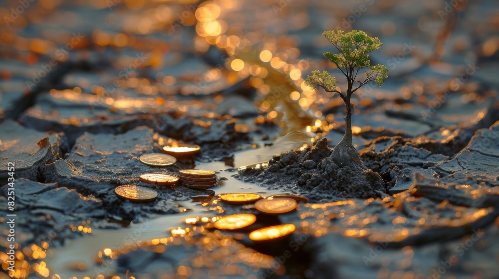 Fototapeta premium A leafless tree on parched soil with old coins nearby, financial distress theme, highquality, sharp and vivid, detailed and professional image.