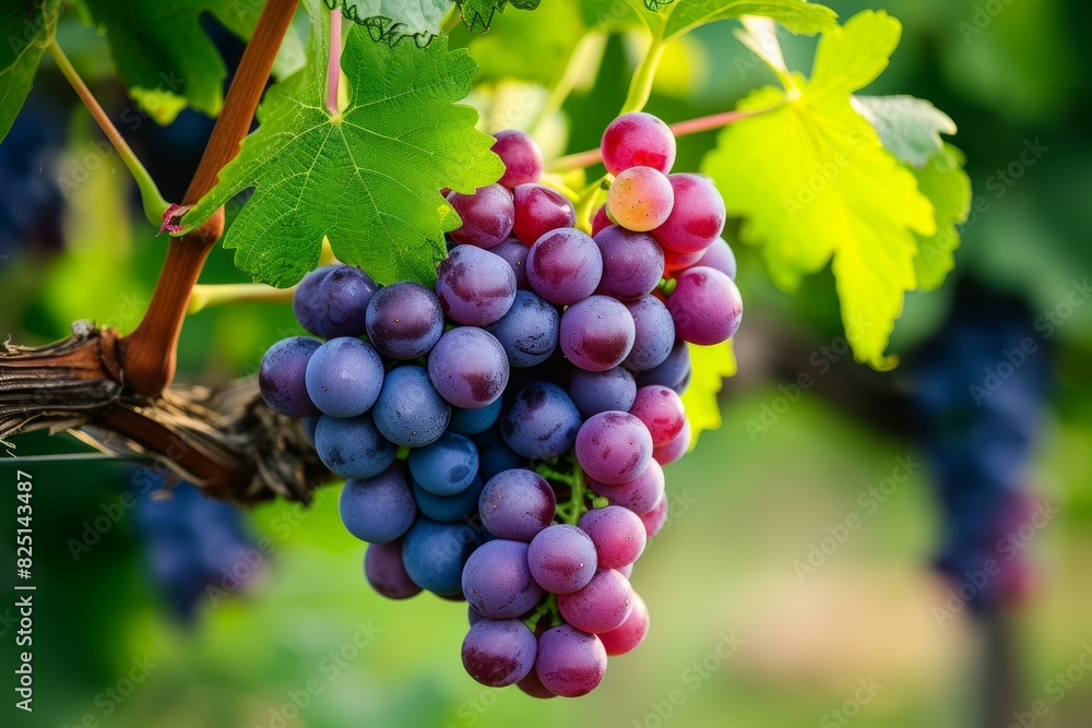 Close-up view of ripe grapes growing in a beautiful vineyard ready for harvest with vibrant purple clusters on the grapevines. Showcasing the natural. Fresh
