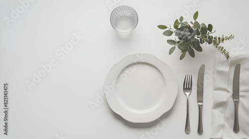 Elegant Dining Table Setting with White Plate Silverware and Greenery for Sophisticated Culinary Experiences