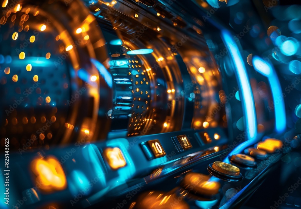 Close-up image of slot machines and roulette table with gold and blue colors in a dark contrast. Close-up image of slot machines and roulette table with gold and blue colors in a dark contrast.