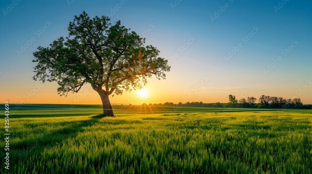 Breathtaking Sunset Over Lush Countryside Landscape with Solitary Tree and Flourishing Greenery