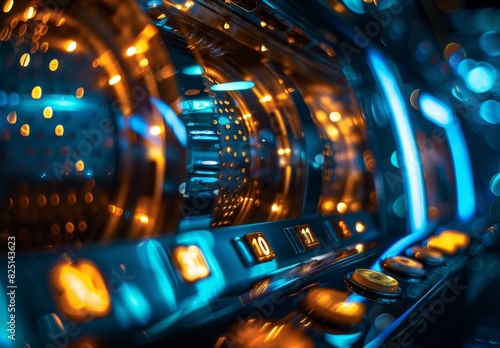 Close-up image of slot machines and roulette table with gold and blue colors in a dark contrast.