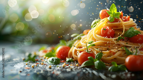 Photo realistic as Glossy Italian food gourmet concept in Abstract digital art showcasing the finest culinary delights of gourmet Italian cuisine Photo Stock Concept