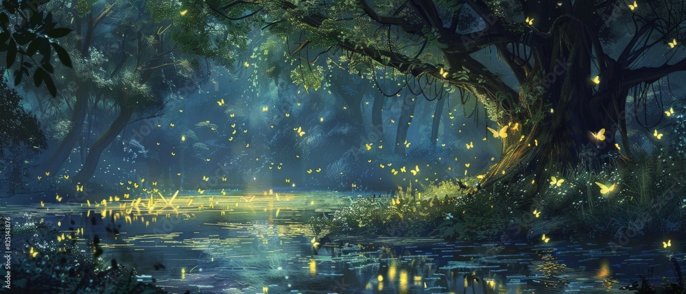 The photo shows a beautiful landscape with a lake, trees, and a lot of fireflies. The atmosphere is magical and mysterious.