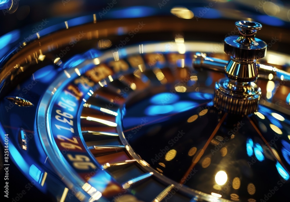 Close-up image of slot machines and roulette table with gold and blue colors in a dark contrast.