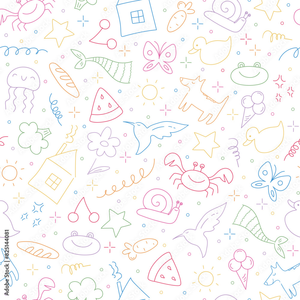 Childish doodle outline elements seamless pattern. Hand drawn animals, food, plants and objects in kids scribble style. Vector illustration