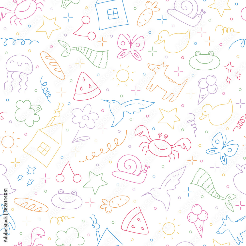 Childish doodle outline elements seamless pattern. Hand drawn animals, food, plants and objects in kids scribble style. Vector illustration Childish doodle outline elements seamless pattern. Hand drawn animals, food, plants and objects in kids scribble style. Vector illustration