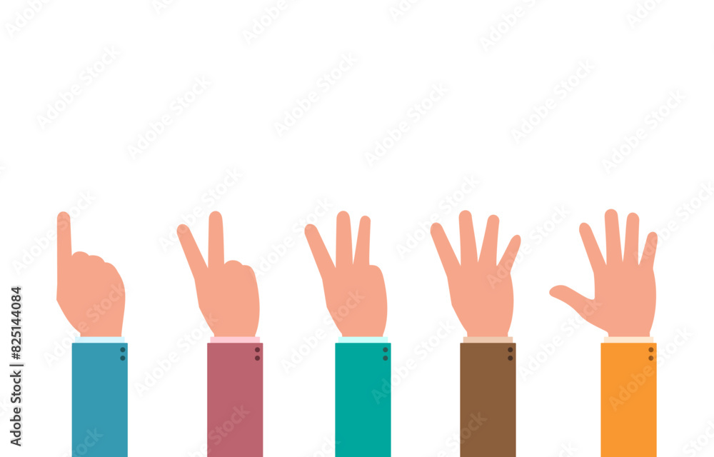 Businessman hand making a hand gesture showing one to five fingers isolated on a white background. Various gestures of hands. Rating concept of each businessman. Vector illustration flat design style