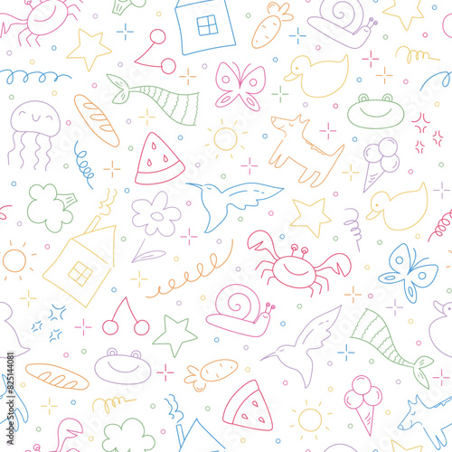 Childish doodle outline elements seamless pattern. Hand drawn animals, food, plants and objects in kids scribble style. Vector illustration