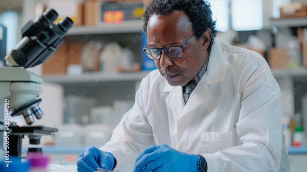 African Scientist in Laboratory, Conducting Research, Wearing Lab Coat and Gloves, Scientific Study, Healthcare Innovation African Scientist in Laboratory, Conducting Research, Wearing Lab Coat and Gloves, Scientific Study, Healthcare Innovation