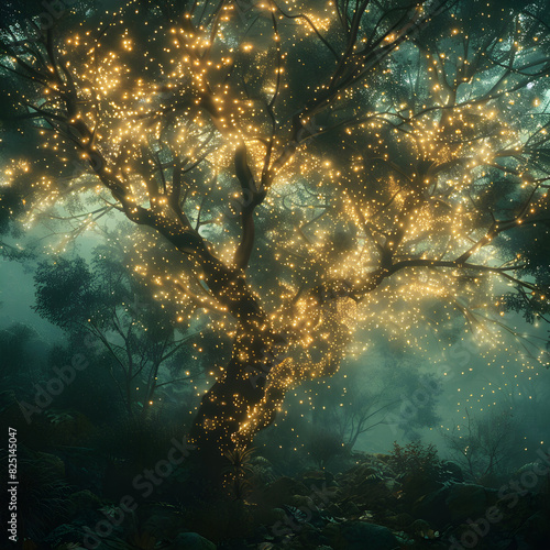 Ethereal Twilight: Glow-Enhanced Tree Transforming a Serene Forest Scene into a Mystical Wonderland