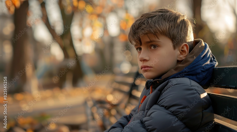 portrait of a sad thoughtful teenager sitting on park bench outdoors alone, thinking about troubles. Boy feeling lonely, misunderstood, stressed, overwhelmed. Child and psychological problem, portrait of a sad thoughtful teenager sitting on park bench outdoors alone, thinking about troubles. Boy feeling lonely, misunderstood, stressed, overwhelmed. Child and psychological problem,