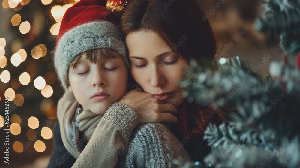 Sad Christmas. Mother hugs her son and wants to comfort him and cheer him up because of the sad Christmas holidays. Solitude, loneliness, sorrow, loss, grief, divorce, family problems. Sad Christmas. Mother hugs her son and wants to comfort him and cheer him up because of the sad Christmas holidays. Solitude, loneliness, sorrow, loss, grief, divorce, family problems.