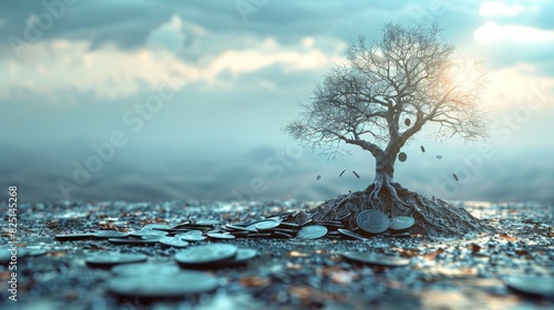 A withered tree toppling with missing coins scattered around, symbolizing economic downfall, highresolution, detailed and bleak, sharp and professional stock photo.