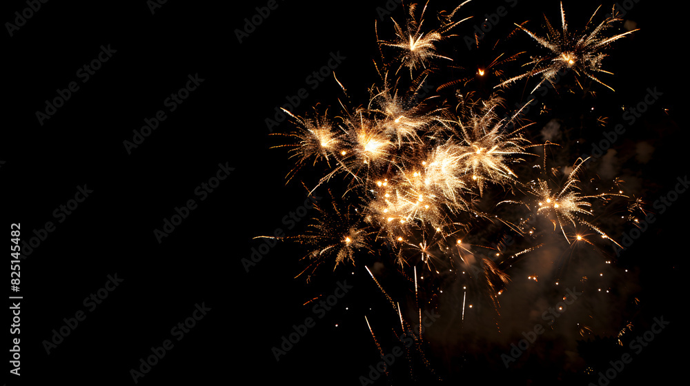 A fireworks display in the night sky. The fireworks are lit up and are in various stages of burning. The sky is dark, and the fireworks are the only source of light. Scene is celebratory and festive A fireworks display in the night sky. The fireworks are lit up and are in various stages of burning. The sky is dark, and the fireworks are the only source of light. Scene is celebratory and festive