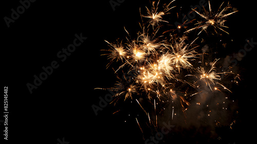 A fireworks display in the night sky. The fireworks are lit up and are in various stages of burning. The sky is dark, and the fireworks are the only source of light. Scene is celebratory and festive