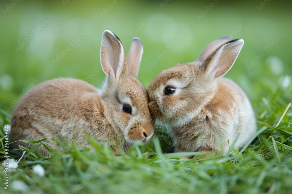 Obraz premium Pair of adorable juvenile rabbits sharing a gentle nuzzle amidst fresh green grass