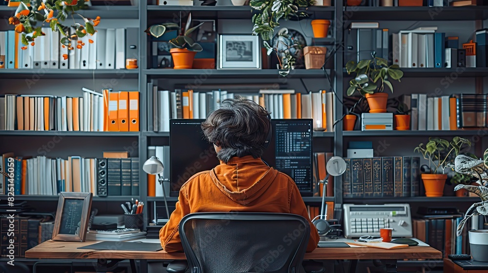 Home office with person on video call and bookshelf background Home office with person on video call and bookshelf background