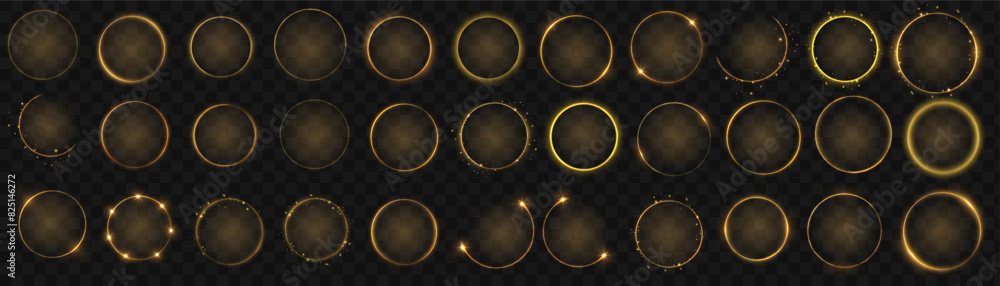 Gold circles frame with glitter light effect. A golden flash flies in a circle in a luminous ring. Gold circles frame with glitter light effect. A golden flash flies in a circle in a luminous ring.