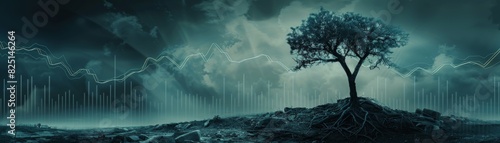 A dead tree under a dark, cloudy sky with a downward financial graph, financial decline theme, highquality, sharp and vivid, detailed and professional image. photo