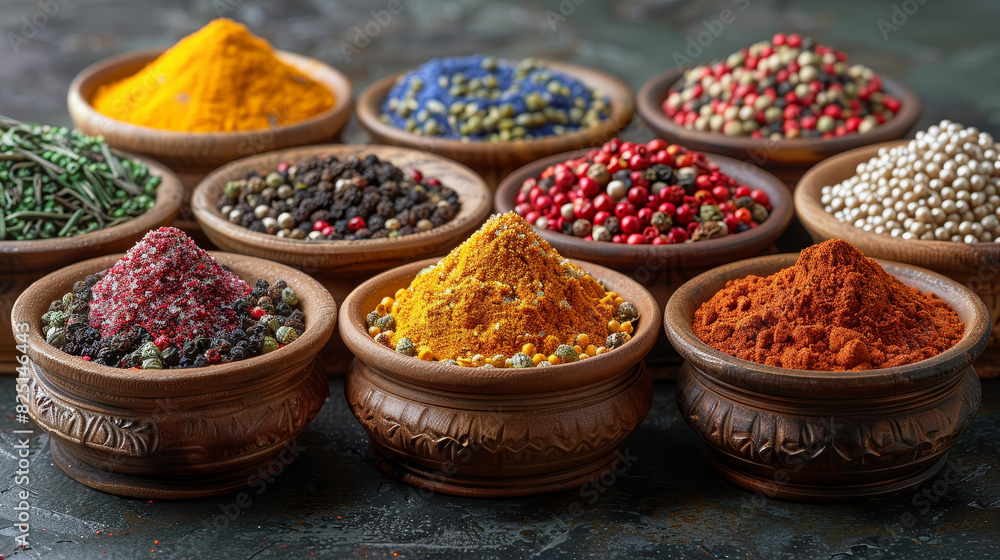 A vibrant assortment of spices in rustic bowls displayed on a wooden table, adding a burst of color and flavor to any culinary creation. A vibrant assortment of spices in rustic bowls displayed on a wooden table, adding a burst of color and flavor to any culinary creation.