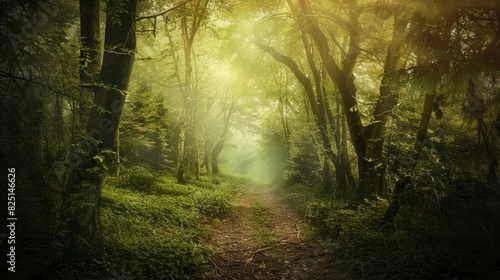 A dirt path winds through a dense forest