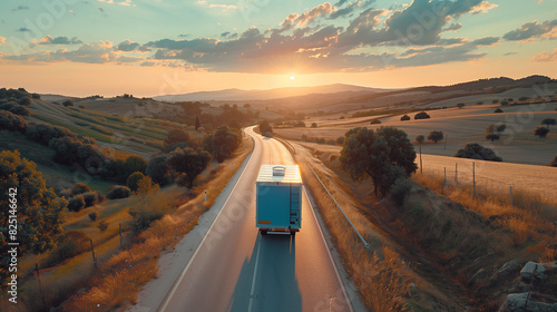 Truck semi-trailer driving highway on sunset Goods delivery Services Transport logistics Lorry concept countryside road truck picturesque sky clouds. cargo transportation services, transport company photo