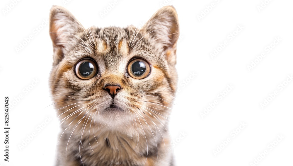 A close up of an adorable kitten with wide, curious eyes and a striped fur pattern, set against a white background.