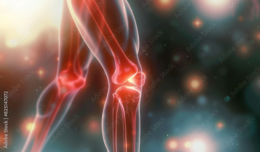 A close up of the 3d knee joint highlighting red pain A close up of the 3d knee joint highlighting red pain