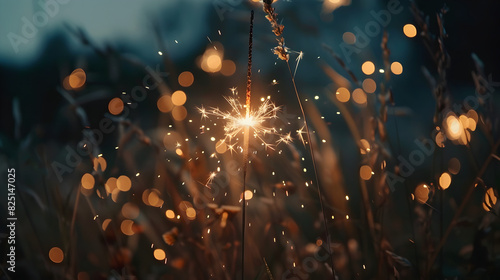 A sparkler is lit in a field of grass. The grass is illuminated by the light of the sparkler, creating a warm and cozy atmosphere photo