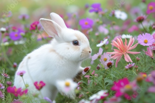 White rabbit sits amidst vibrant wildflowers, exuding peace in a colorful meadow © anatolir
