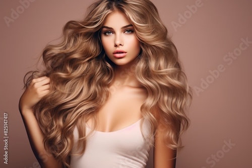 Studio portrait of cheerful blonde woman with fresh makeup and flowing long hair