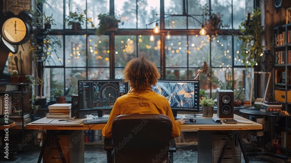 Person in home office with bookshelves and dual monitors Person in home office with bookshelves and dual monitors