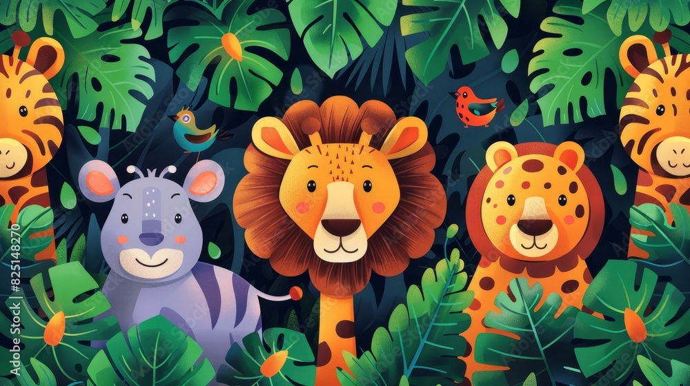Colorful cartoon illustration of jungle animals including a lion, rhino, and leopard, surrounded by lush green leaves and tropical birds. Colorful cartoon illustration of jungle animals including a lion, rhino, and leopard, surrounded by lush green leaves and tropical birds.