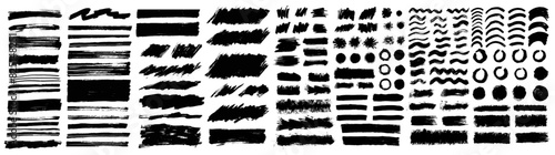 Brush strokes vector. Set of text boxes. Paintbrush collection. Grunge design elements. Dirty texture banners. Painted rectangles, long lines, round frames, diagonal strokes, painted waves and curves