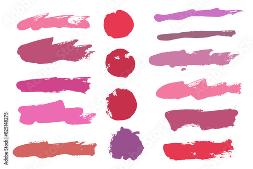 Brush strokes vector. Purple, red and pink backgrounds. Lipstick or nail polish strokes. Grunge design elements. Makeup brush texture banners. Long and round painted objects photo