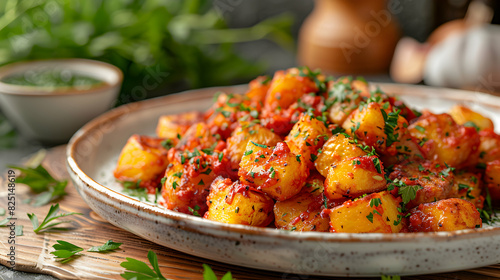 Photo realistic concept of glossy patatas bravas plate crispy potatoes in spicy tomato sauce on white plate, garnished with parsley for luxurious appetizer Stock Photo Concept