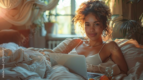 Woman working from bed with laptop and breakfast tray