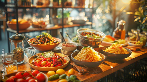 Italian cuisine spread with pasta, vegetables, and various dishes