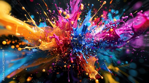 Explosion of colorful paint splashes  creating a visually captivating and dynamic backdrop